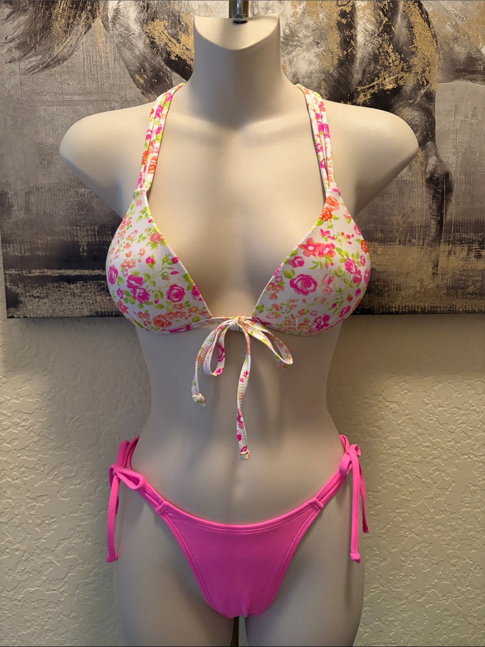 Floral Tie-Front Triangle Bikini Top with Pink Side-Tie Bottoms - Women Swim